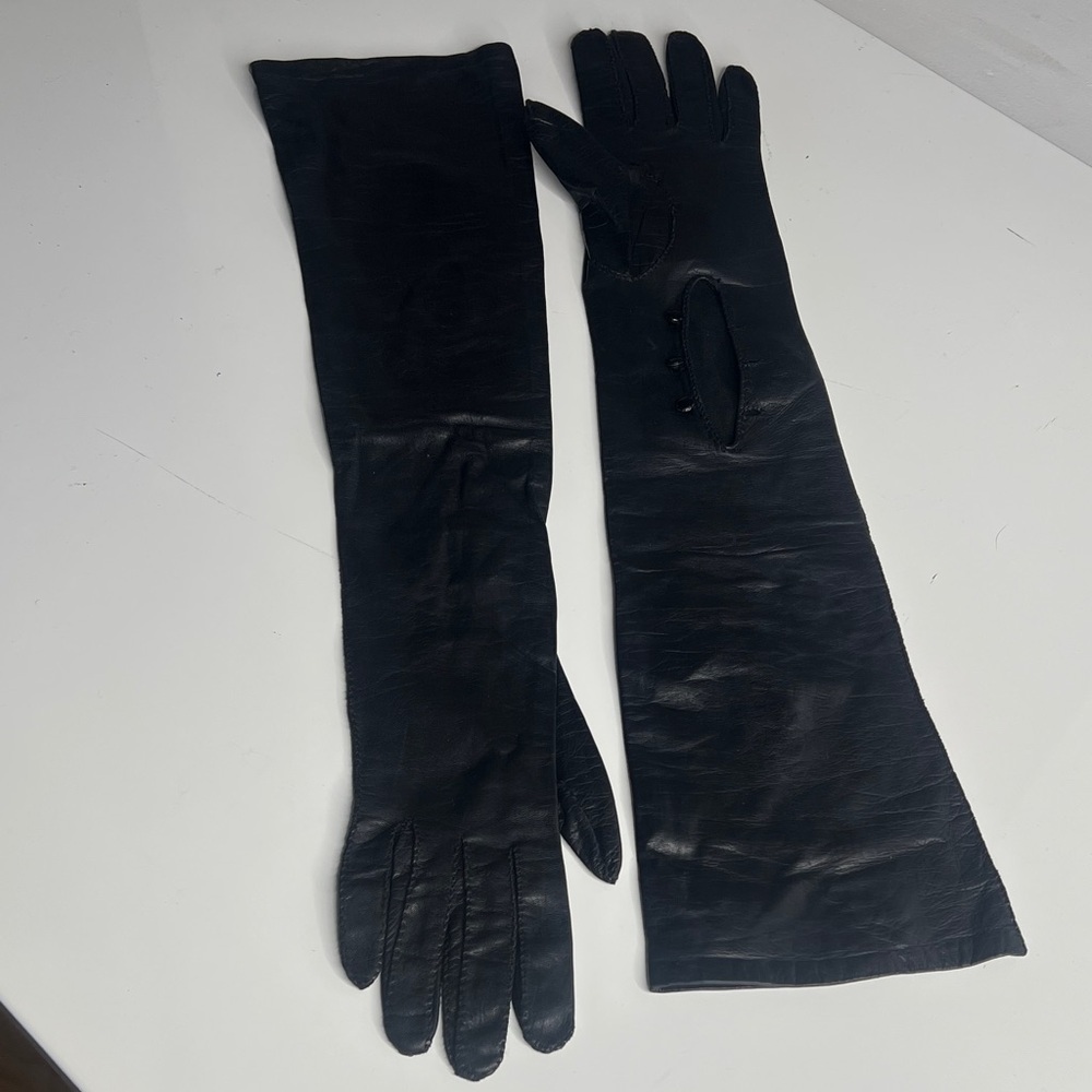 Black 20” Leather Sz 6 Opera Length Gloves Black Crystal Buttons Palm Opening